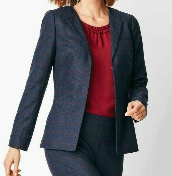 Talbots Windowpane Plaid Collarless Jacket Navy Plum Peplum Size 22W 3X NWT $269